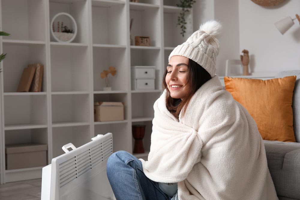 woman in winter clothes warming near heating system